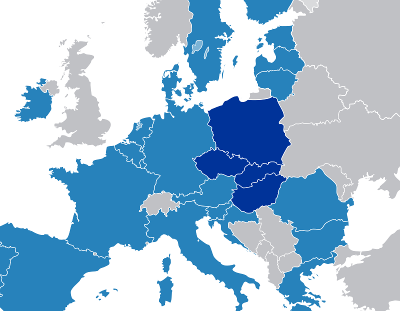 Map of Europe highlighting Hungary, Poland, Czech Republic, and Slovakia — the Visegrád Group